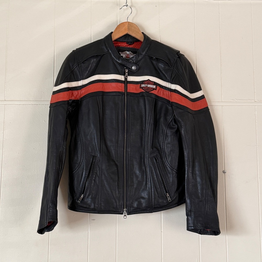 Harley-Davidson Women Black Leather Racing Stripe Motorcycle Jacket Size L Biker